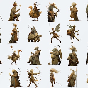 May include: A collection of whimsical fantasy characters in various poses. The figures, rendered in muted earth tones, include knights, fairies, and creatures riding animals. Some characters hold weapons or tools, while others carry bags or drink from goblets. The overall style is reminiscent of illustrations.