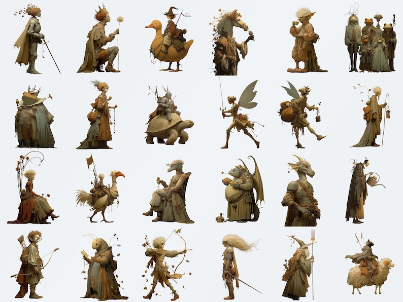 May include: A collection of whimsical fantasy characters in various poses. The figures, rendered in muted earth tones, include knights, fairies, and creatures riding animals. Some characters hold weapons or tools, while others carry bags or drink from goblets. The overall style is reminiscent of illustrations.