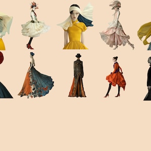 May include: A collection of ten fashion illustrations featuring women in various poses and outfits. The illustrations are done in a painterly style with a focus on detail and texture. The women are wearing a variety of clothing styles, including dresses, skirts, pants, and hats. The illustrations are set against a light beige background.