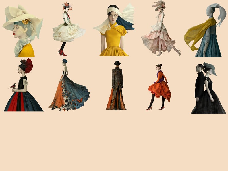 May include: A collection of ten fashion illustrations featuring women in various poses and outfits. The illustrations are done in a painterly style with a focus on detail and texture. The women are wearing a variety of clothing styles, including dresses, skirts, pants, and hats. The illustrations are set against a light beige background.