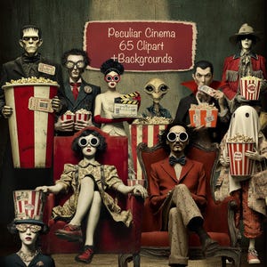 May include: An artistic image featuring figures dressed as classic movie monsters and characters, holding popcorn and movie tickets. The image includes the text "Peculiar Cinema 65 Clipart + Backgrounds" on a red banner. The figures are seated in red chairs.