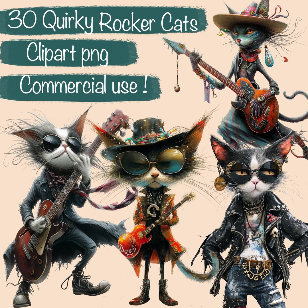 30 Quirky Whimsy Rocker Cats PNG Clipart + Printable Sheets - Card ...