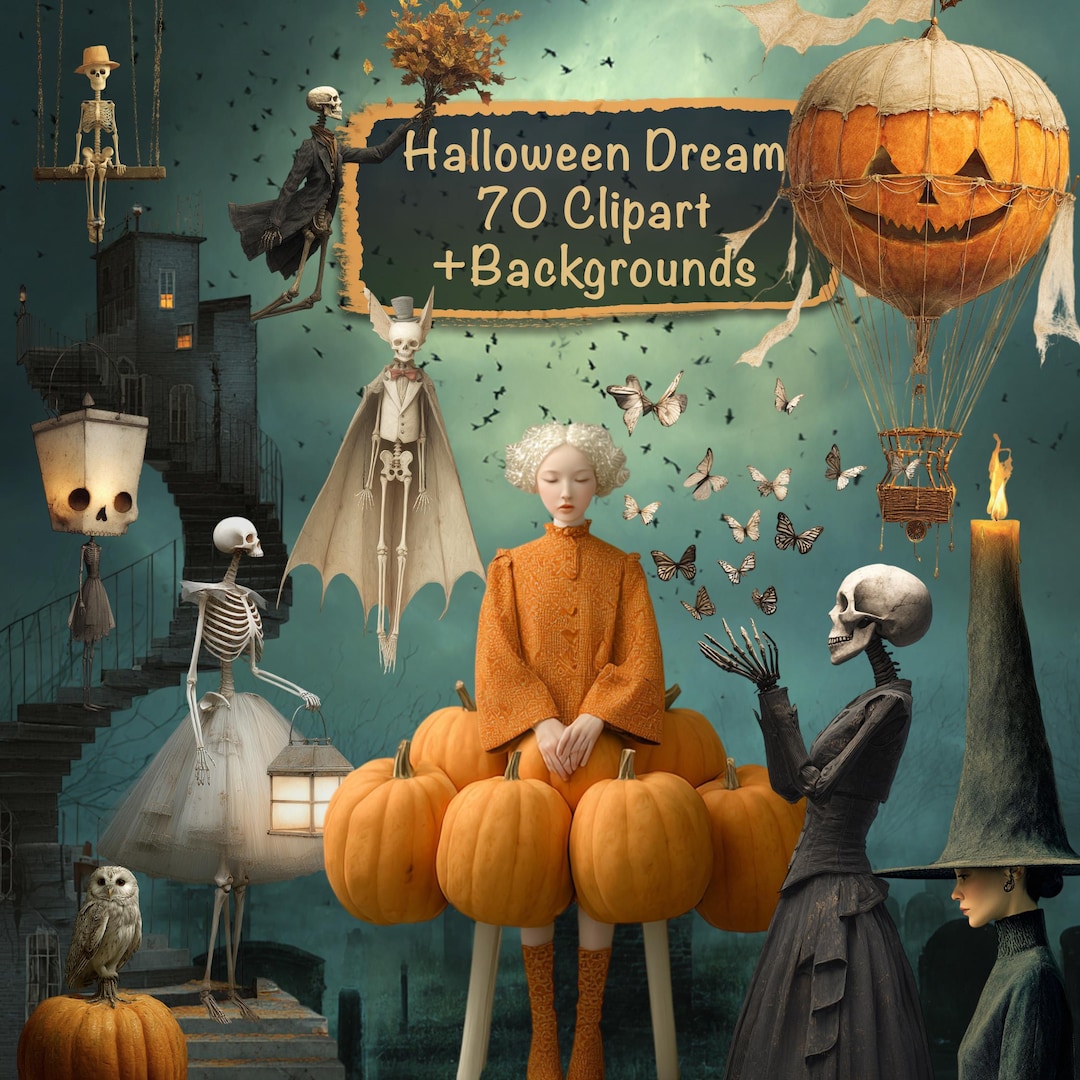 Halloween Dream Clipart: 70 PNG Images + 15 Backgrounds (digital ...