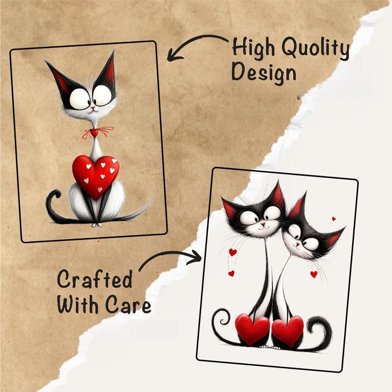 May include: Two black and white cartoon cats with red hearts. The cats are looking at each other and have hearts floating around them. The text "Crafted With Care" is on the left side of the image and "High Quality Design" is on the right side of the image.