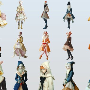 Puede incluir: Una colecci&oacute;n de 12 mu&ntilde;ecas que visten diferentes estilos de ropa, incluyendo vestidos, abrigos y sombreros. Las mu&ntilde;ecas est&aacute;n todas de pie sobre un fondo azul claro.