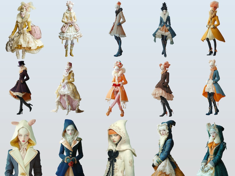 Puede incluir: Una colecci&oacute;n de 12 mu&ntilde;ecas que visten diferentes estilos de ropa, incluyendo vestidos, abrigos y sombreros. Las mu&ntilde;ecas est&aacute;n todas de pie sobre un fondo azul claro.