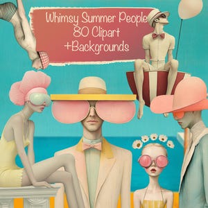 Pacchetto di 80 clipart con personaggi della spiaggia e immagini stravaganti estive + 20 sfondi, creazione di biglietti fai da te, kit per diario spazzatura, forniture per scrapbooking, uso commerciale!