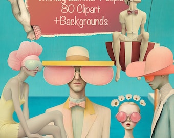 Whimsy Summer Beach People 80 Clipart Bundle  + 20 Backgrounds, DIY Card Making, Junk Journal Kit, Scrapbooking Supplies, Commercial use!