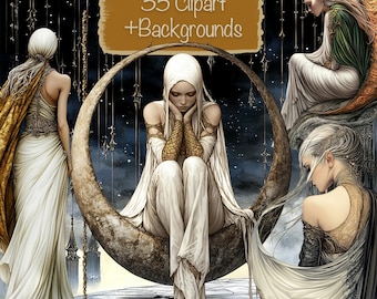 Moon Keepers 35 PNG + 10 Backgrounds, DIY, Cards, Junk Journal kit, Scrapbooking Supplies, Commercial use!