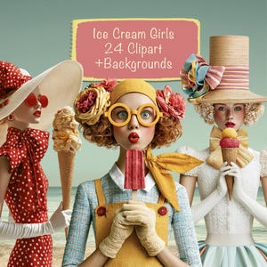 Op de afbeelding: Digitale kunst met drie vrouwen in vintage outfits, elk met ijs. Eén draagt een rode polkadotjurk en hoed, een ander heeft een geel montuur bril en een ijslolly, en de derde houdt een ijshoorntje vast. De tekst "Ice Cream Girls 24 Clipart + Backgrounds" is inbegrepen.