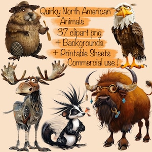 37 Clipart di animali stravaganti e stravaganti del Nord America per bambini + 16 sfondi, per biglietti, magliette, inviti, libri, uso commerciale!