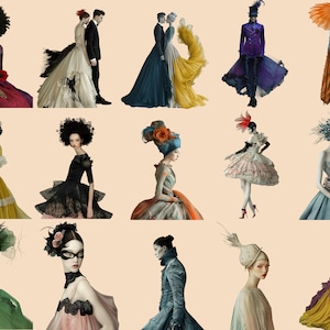 May include: A collage of 15 images featuring people in various elaborate and colorful costumes. The images are set against a light beige background.