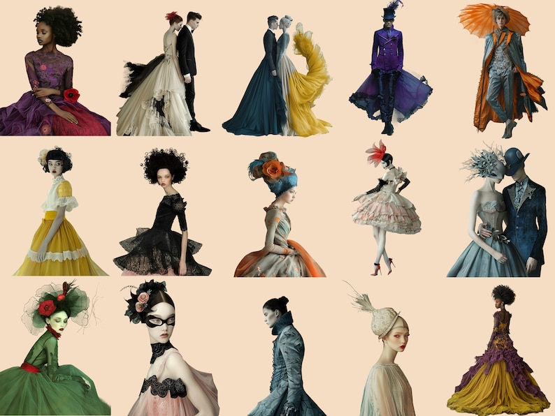 May include: A collage of 15 images featuring people in various elaborate and colorful costumes. The images are set against a light beige background.