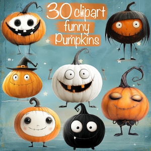 Paquete de 30 divertidos diseños de calabazas de Halloween caprichosas, para manualidades de Halloween, álbumes de recortes, sublimación, etc. ¡Uso comercial!