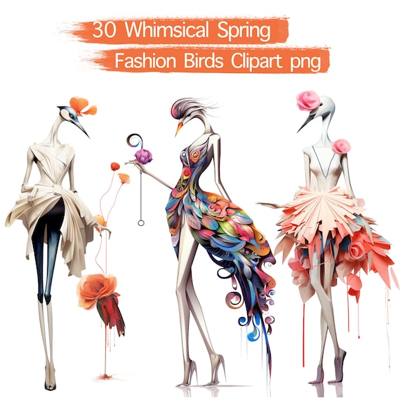 Set of 35 Whimsical Spring Fashion Birds clipart PNG files on transparent background + printable sheets, Commercial use!
