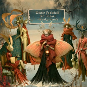 May include: A digital art collection titled Winter Fablefolk 35 Clipart + Backgrounds featuring anthropomorphic figures in elaborate winter attire, including moth-winged characters, deer-headed beings, and rabbits in a forest.