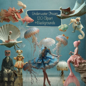 以下が含まれることがあります： 水中のテーマ要素を特徴とする、気まぐれなデジタルアート作品。人魚、クラゲ、タツノオトシゴ、ドレスを着た人物が含まれています。「Underwater Dream 120 Clipart + Backgrounds」というテキストが青いバナーに表示されています。
