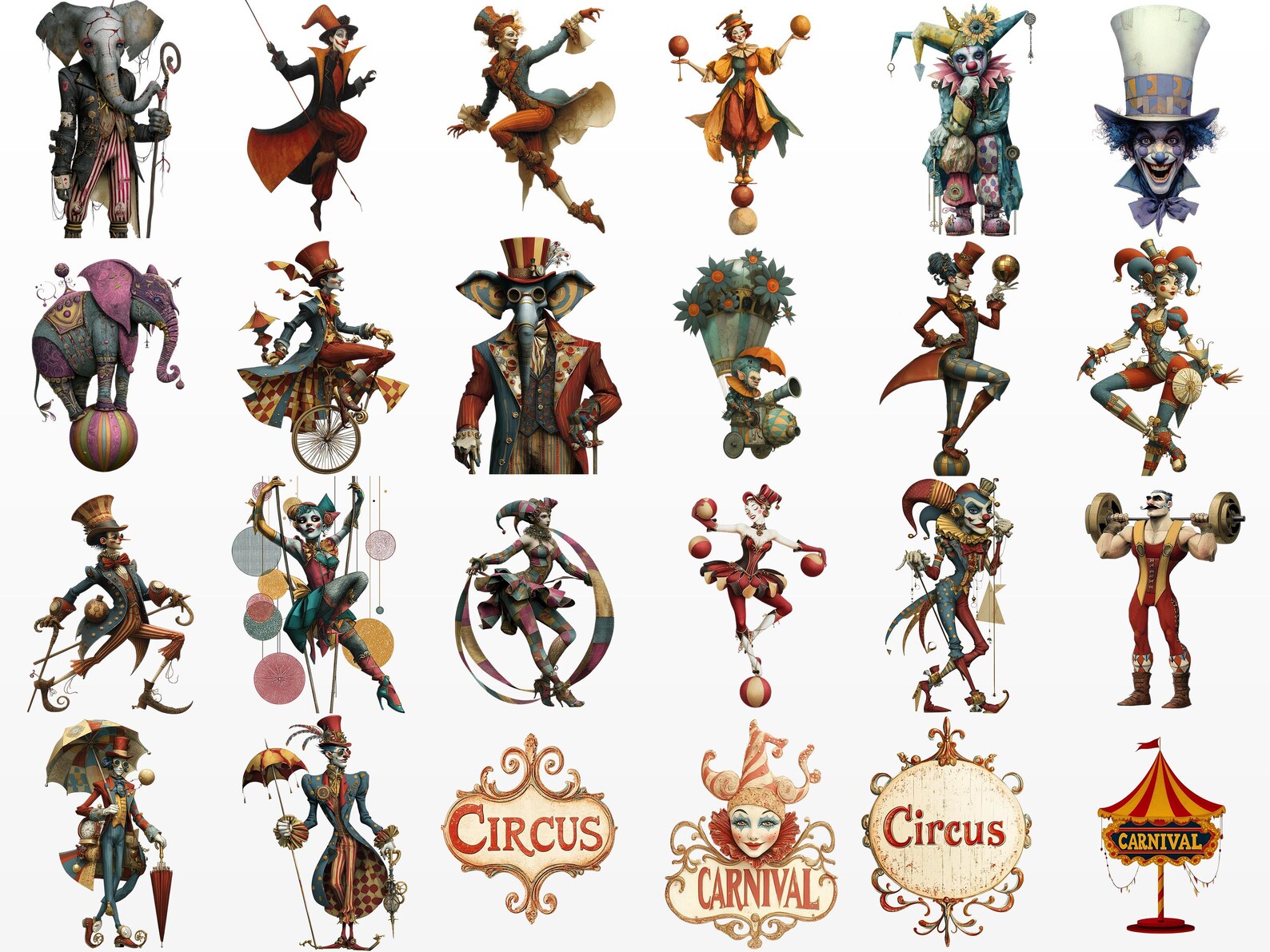 120 Unique Quirky Circus Clipart PNG + 45 Backgrounds, Cards, Junk ...