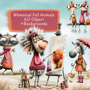 May include: A digital illustration set titled Whimsical Fall Animals 60 Clipart +Backgrounds featuring cartoon animals including a raccoon, a sheep painting on an easel, a zebra with an umbrella, and two frogs, all dressed in autumn clothing.