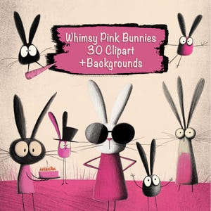 Whimsical Rabbit  35 Clipart + 6  Backgrounds, DIY Card, Junk Journal Kit, Scrapbooking Supplies, Commercial use!