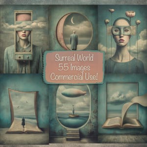 May include: A collage of surreal art pieces with a teal and beige color scheme. The images include figures with architectural elements, a man in a coat, and a boat with a blimp. The text "Surreal World 55 Images Commercial Use!" is displayed.