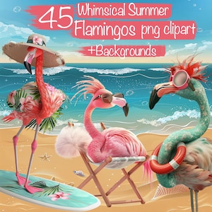 45 PNG Clipart di fenicotteri stravaganti e stravaganti sulla spiaggia + 15 sfondi - Per arte digitale, biglietti, sublimazione, album di ritagli, uso commerciale!