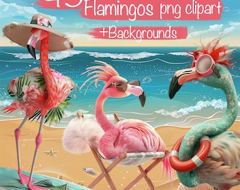 45 PNG Clipart Whimsical Quirky Flamingos at Beach + 15 Backgrounds - For Digital Art, Cards, Sublimation, Scrapbook, Commercial use!