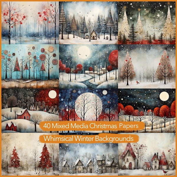 Set of 40 Whimsical Christmas Papers, Mixed Media Quirky Backgrounds, Digital Download, Junk Journal, Cards, Commercial use