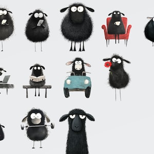 May include: A collection of 12 black sheep illustrations with various expressions and activities, including reading a book, driving a car, holding a flower, and using a phone. The sheep are all cartoon-like and have large, expressive eyes.