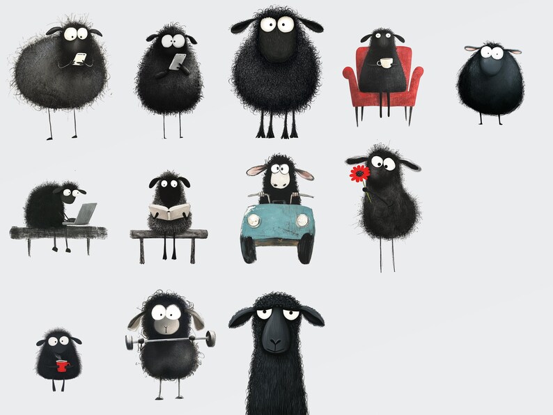May include: A collection of 12 black sheep illustrations with various expressions and activities, including reading a book, driving a car, holding a flower, and using a phone. The sheep are all cartoon-like and have large, expressive eyes.