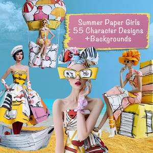 Puede incluir: Una vibrante obra de arte digital con ilustraciones de moda. La imagen muestra varias figuras con coloridos atuendos de papel, con un globo aerostático y un barco. El texto dice "Summer Paper Girls 55 Character Designs + Backgrounds."