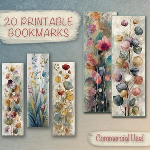 May include: A set of 20 printable bookmarks with watercolour floral designs in pink, red, yellow, and blue. The rectangular bookmarks are displayed against a light grey background. The text "20 Printable Bookmarks" is visible. The phrase "Commercial Use!" is also visible.