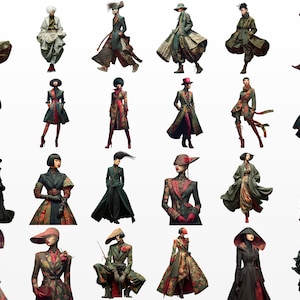 Puede incluir: Una colecci&oacute;n de ilustraciones de moda que muestran varios atuendos vanguardistas. Los dise&ntilde;os presentan una mezcla de texturas, patrones y colores, incluyendo verdes, rojos y negros. Las prendas incluyen abrigos, vestidos y conjuntos con siluetas y accesorios &uacute;nicos, como sombreros y paraguas.