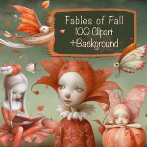 May include: A digital illustration featuring the text Fables of Fall 100 Clipart +Background, surrounded by whimsical characters including a figure in a leaf hat, a person reading a book, a sleeping figure on a pumpkin, and a flying boat.
