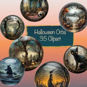 May include: A collection of Halloween-themed orbs with spooky scenes inside. The orbs feature images of a skull, a black cat, a witch, and a haunted forest. The text "Halloween Orbs 35 Clipart" is displayed on a teal background.