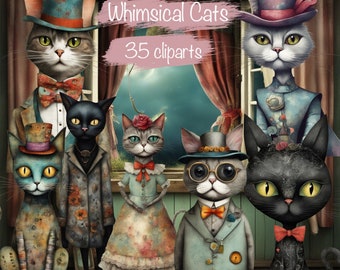 35 grillige katten clipart png-bundel + afdrukbare vellen - voor DIY-kaarten maken, plakboek, ongewenste dagboek, collage maken, commercieel gebruik!