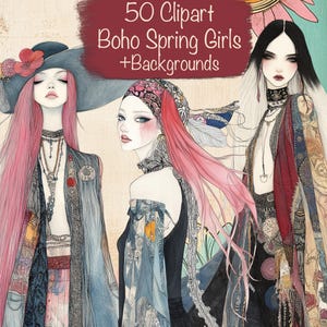 Lot de 50 cliparts Boho Spring Girls PNG + 15 arrière-plans, fabrication de cartes DIY, kit de journal indésirable, fournitures de scrapbooking, usage commercial !