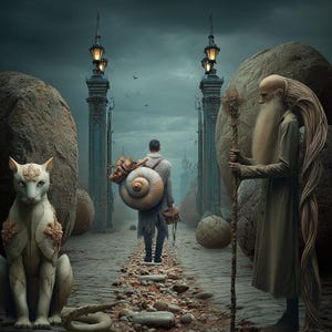 Op de afbeelding: Een surrealistisch digitaal kunstwerk toont een stenen pad dat leidt naar sierlijke poorten onder een donkere hemel. Een figuur met een slakkenhuisschelp-rugzak loopt naar de poorten. Een zittend kattenbeeld en een figuur met een lange baard flankeren het pad.