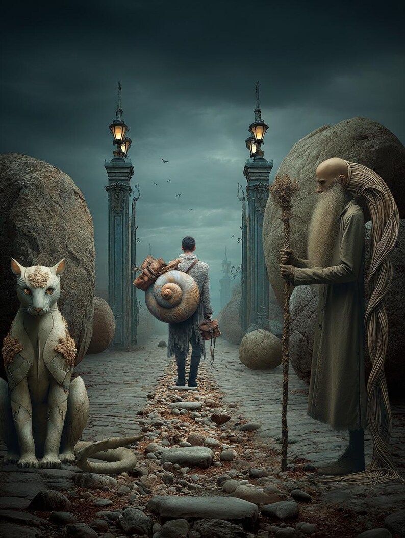 Op de afbeelding: Een surrealistisch digitaal kunstwerk toont een stenen pad dat leidt naar sierlijke poorten onder een donkere hemel. Een figuur met een slakkenhuisschelp-rugzak loopt naar de poorten. Een zittend kattenbeeld en een figuur met een lange baard flankeren het pad.