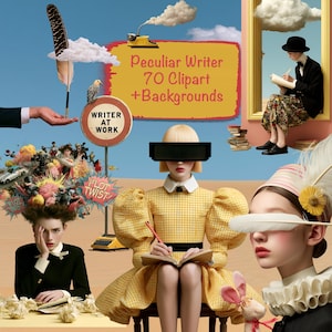 May include: A digital collage featuring the text Peculiar Writer 70 Clipart + Backgrounds, a person in a yellow gingham dress writing in a book, a person in a black suit writing, a person with a plot twist graphic, and a person with a feather.
