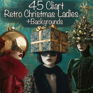 45 retratos femininos surreais de Natal em estilo retrô + 20 fundos - Criação de cartões, diário de recortes, materiais para scrapbooking, uso comercial!