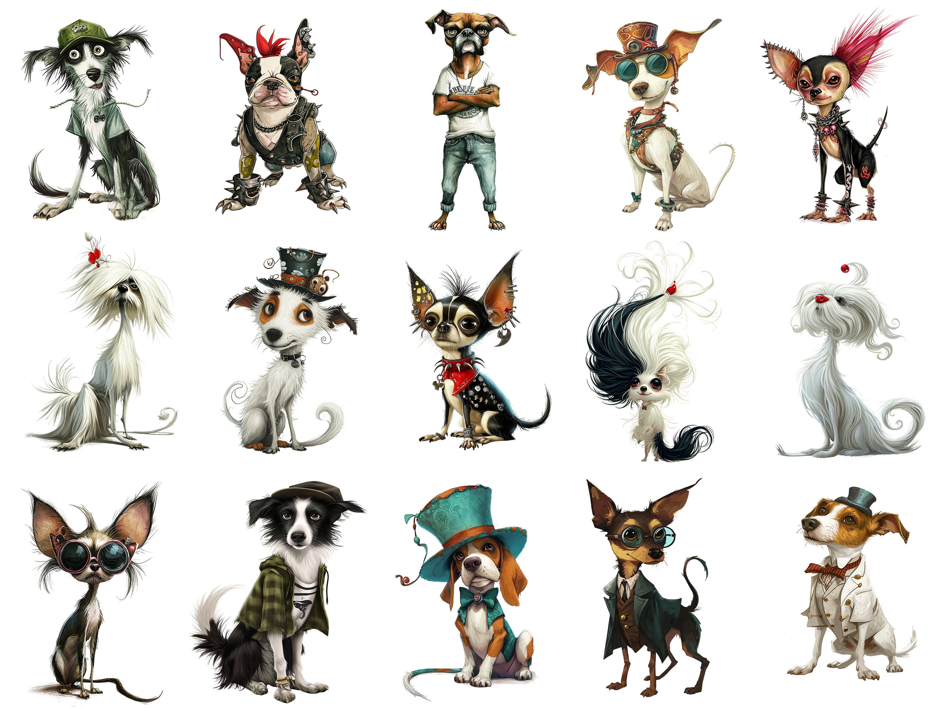 40 Whimsy Dogs Png Clipart + 15 Backgrounds + Printable Sheets, Cards ...
