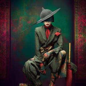 Puede incluir: Una persona con un traje verde estampado, un sombrero de ala ancha y botas de plataforma. El atuendo incluye una bufanda roja y un pa&ntilde;uelo de bolsillo. Un bolso floral y un parasol rojo completan el conjunto, sobre un fondo oscuro y texturizado.