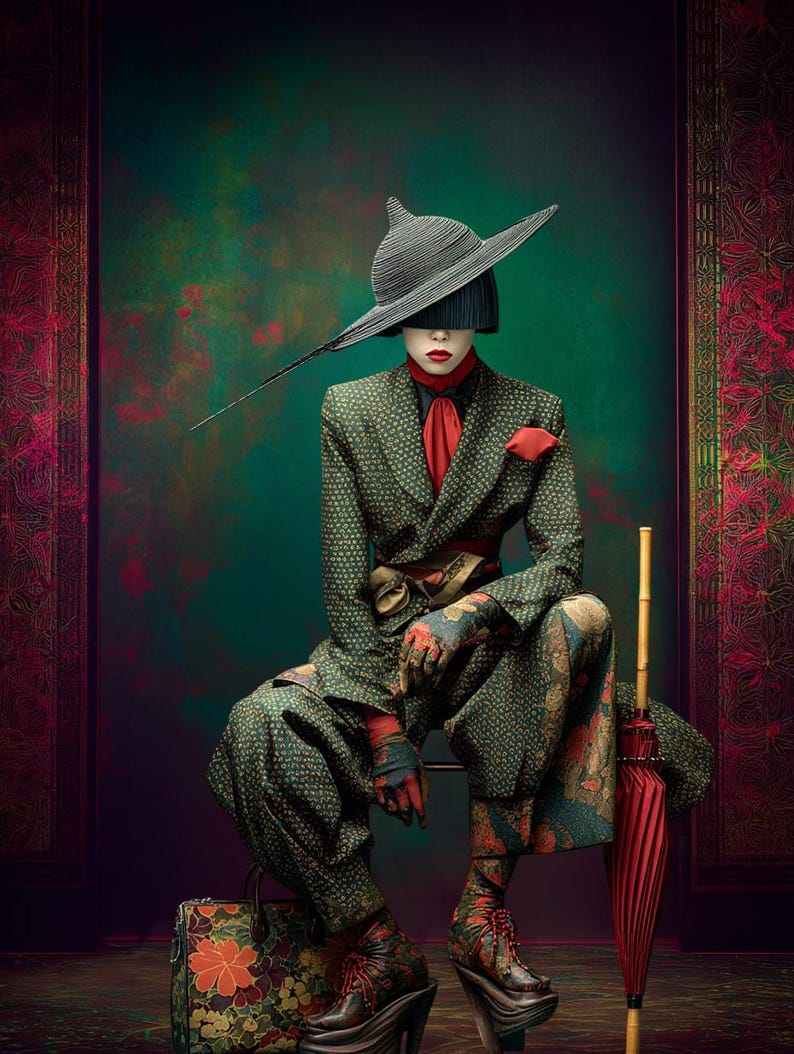 Puede incluir: Una persona con un traje verde estampado, un sombrero de ala ancha y botas de plataforma. El atuendo incluye una bufanda roja y un pa&ntilde;uelo de bolsillo. Un bolso floral y un parasol rojo completan el conjunto, sobre un fondo oscuro y texturizado.