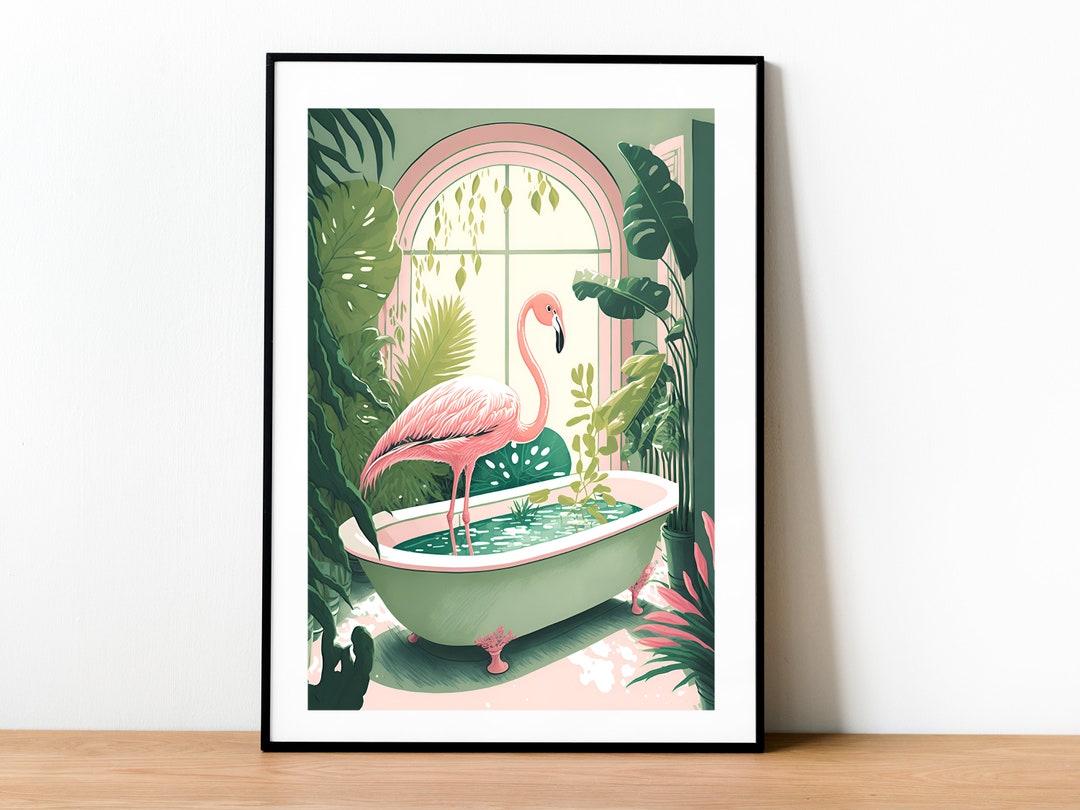 Flamingo in Bathtub, Tropical Bathroom Print, Funny Bath Wall Art ...