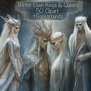 50 inspiradores clipart de reinas y reyes elfos de invierno + 25 fondos: manualidades, suministros para álbumes de recortes, kit de diario basura, collage, uso comercial.