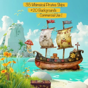 35 Whimsical Pirate Ships and Boats + 20 Backgrounds, For Card Making, Collage kit, Junk journal, Books, Commercial use !
