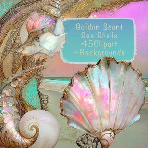 Puede incluir: Imagen digital artística con conchas marinas doradas, rosas y blancas. La imagen incluye el texto "Golden Scent Sea Shells 45 Clipart + Backgrounds" sobre un fondo azul. Se aprecia una escena de playa al fondo.