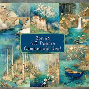 May include: A collection of watercolor papers with a spring theme. The papers feature various landscape scenes with bridges, waterfalls, trees, and flowers. The text on the image reads "Spring 45 Papers Commercial Use!"