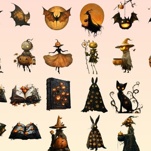 May include: A collection of 20 Halloween-themed digital illustrations featuring various spooky characters, including witches, bats, pumpkins, and books. The illustrations are in a dark and whimsical style, with a focus on orange, black, and brown colors.
